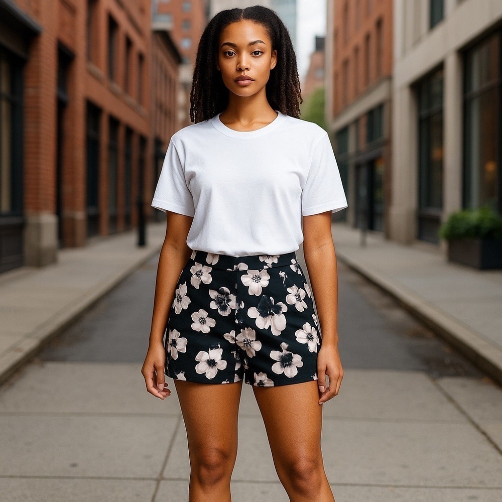 Express Black with Pink Floral Floral Print High Waisted Chino Shorts